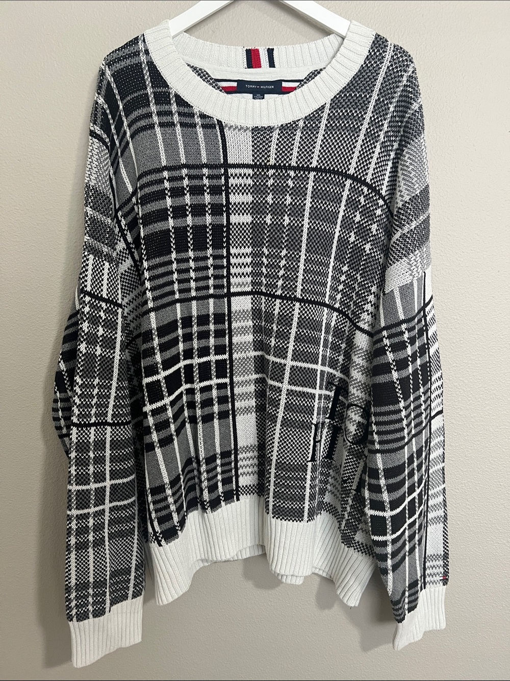 Tommy Hilfiger Black & White Plaid Cotton Crewneck Sweater